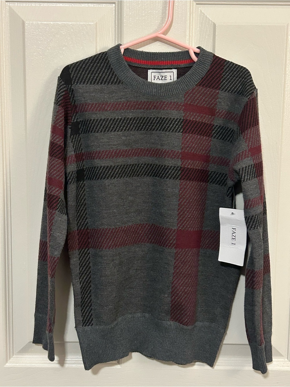 NWT Faze 1 Boy’s Gray & Burgundy Plaid Crewneck Sweater